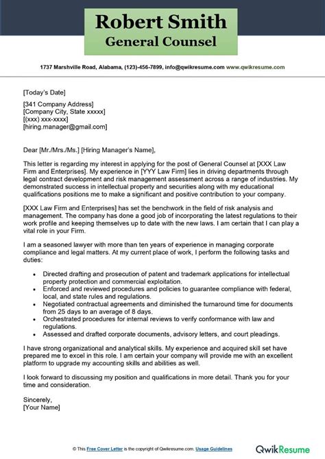 Cover Letter For General Counsel Position
