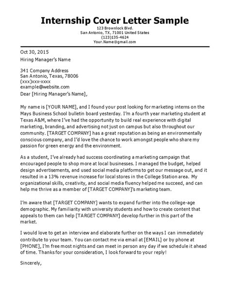 Cover Letter For Internship Sample