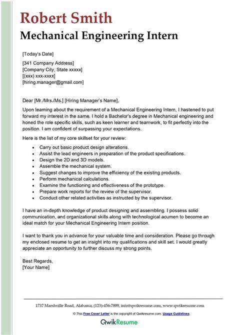 Cover Letter For Mechanical Engineer Internship