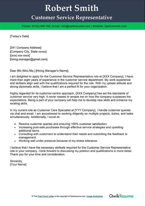 Cover Letter For Resume Customer Service Representative