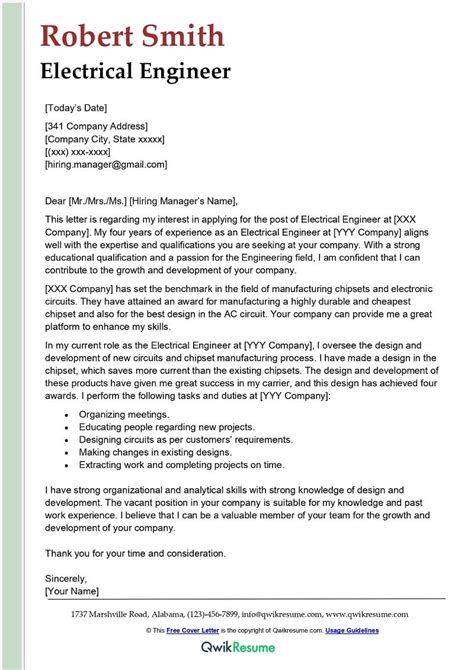 Cover Letter For Resume Electrical Engineer