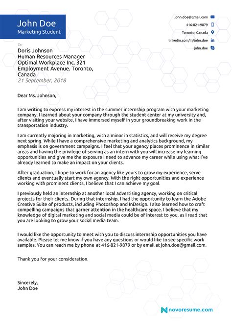 Cover Letter For Resume Internship