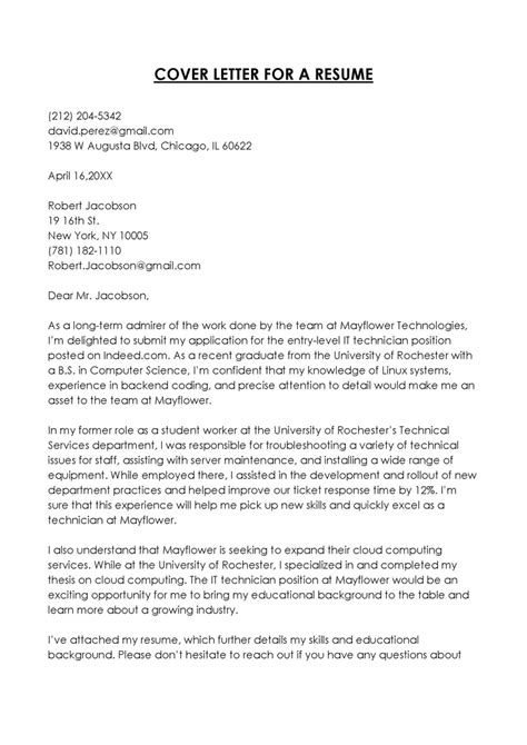 Cover Letter For Resume With Experience