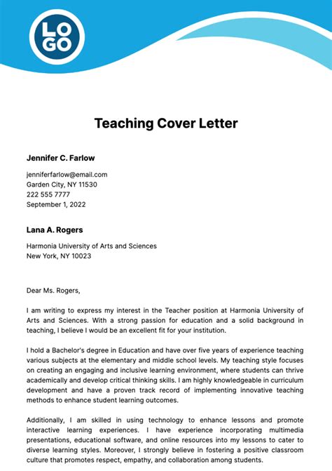 Cover Letter For Teaching Job Template