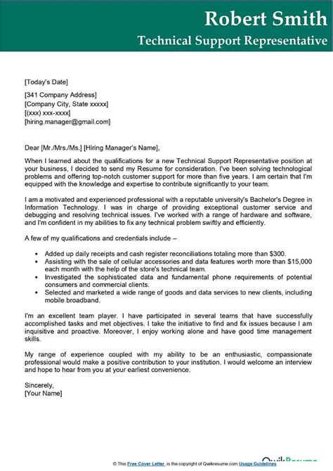 Cover Letter For Technical Support