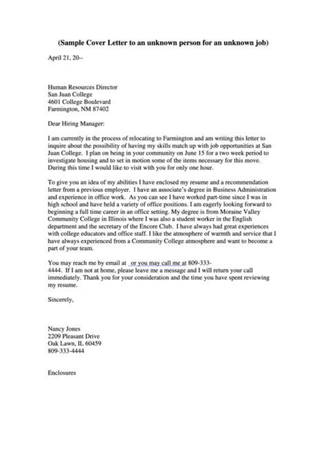 Cover Letter For Unknown Person