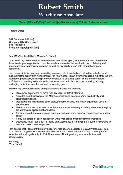 Cover Letter For Warehouse Associate