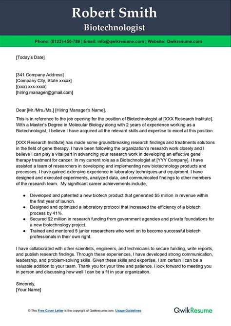 Cover Letter Sample Biotechnology