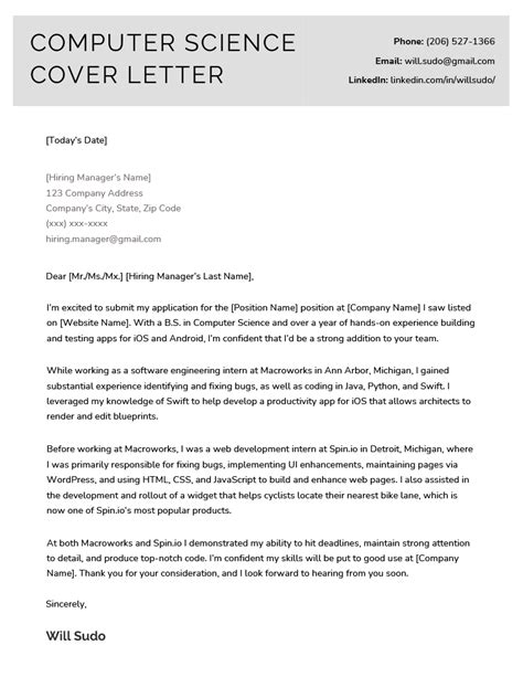Cover Letter Sample Computer Science