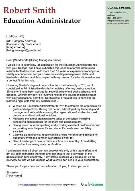 Cover Letter Sample Education Administration