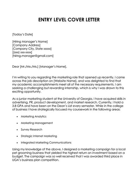 Cover Letter Sample Entry Level
