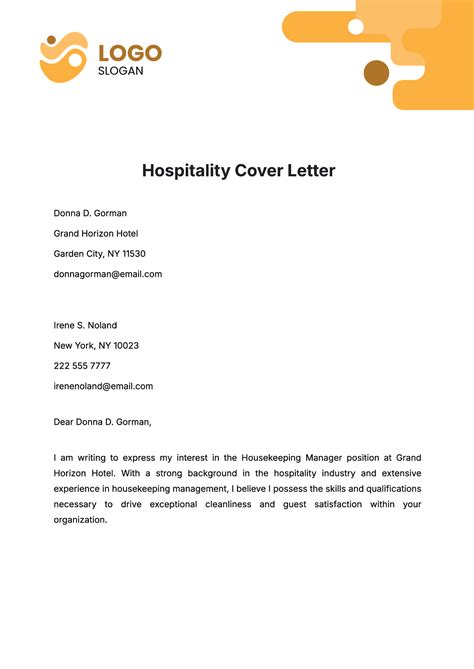 Cover Letter Sample Hospitality