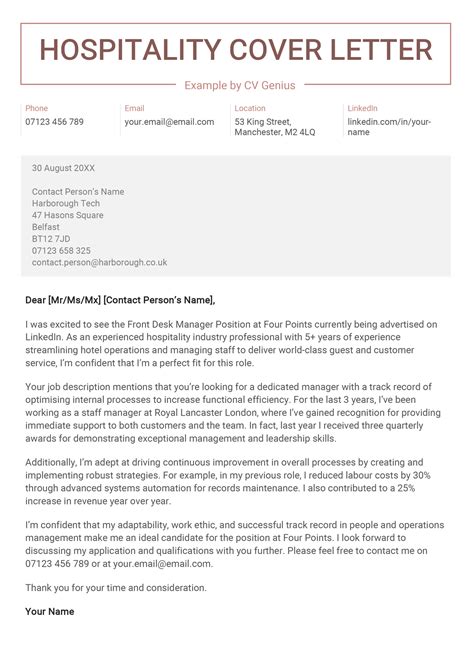 Cover Letter Sample Hospitality Management