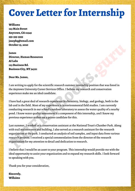 Cover Letter Sample Internship