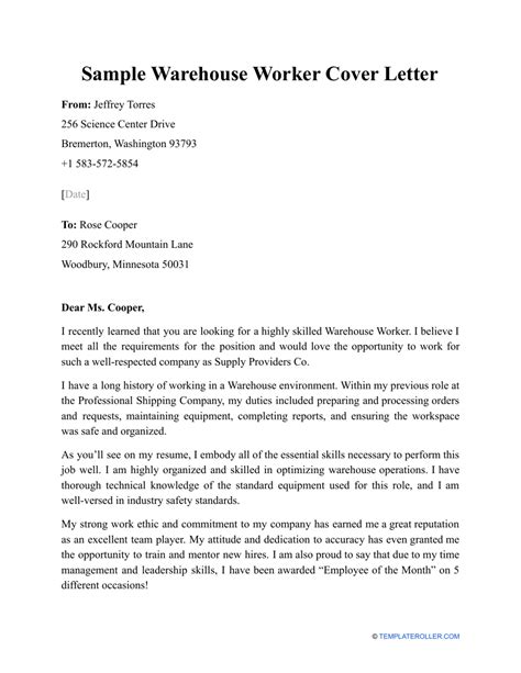 Cover Letter Sample Warehouse