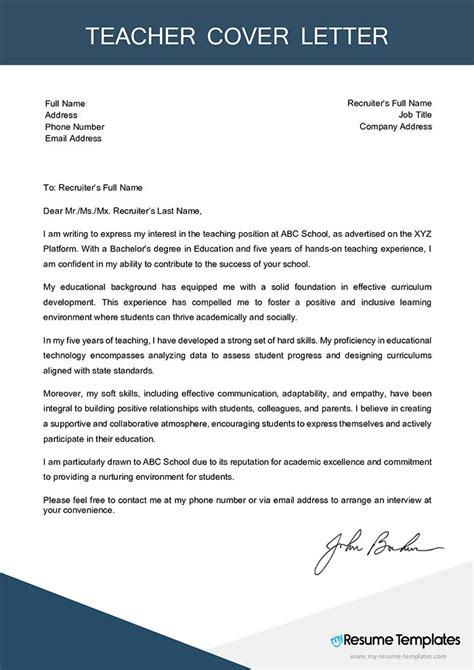 Cover Letter Samples For Teachers With Experience