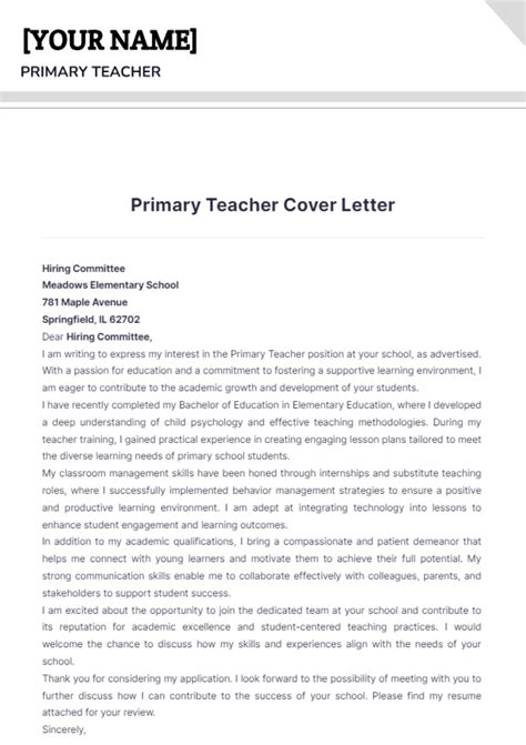 Cover Letter Teacher Primary