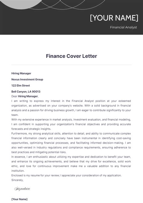Cover Letter Template Finance