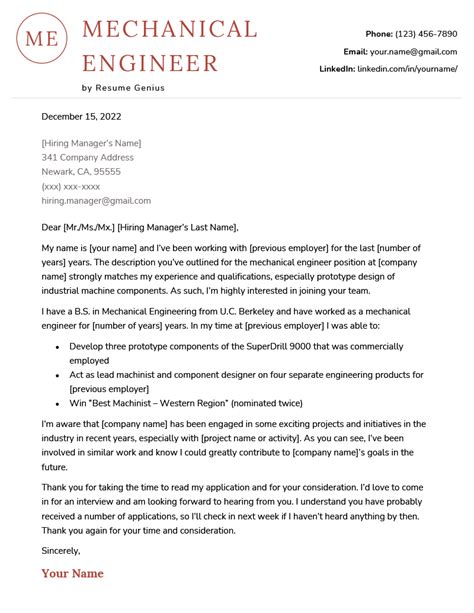 Cover Letter Template Mechanical Engineer