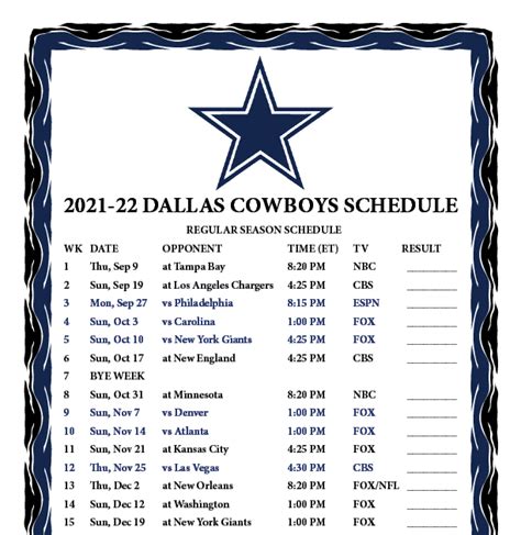 Cowboys Printable Schedule 2022