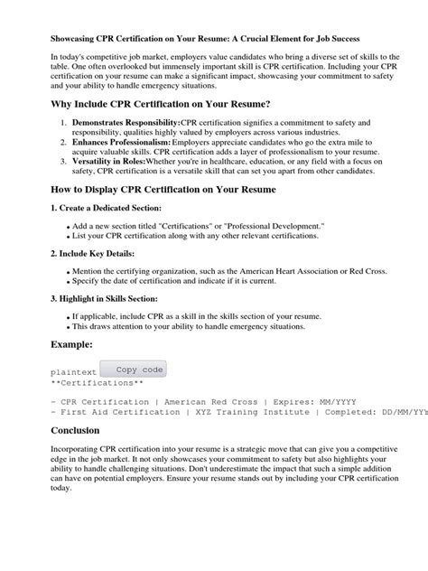 Cpr Certification On Resume Sample
