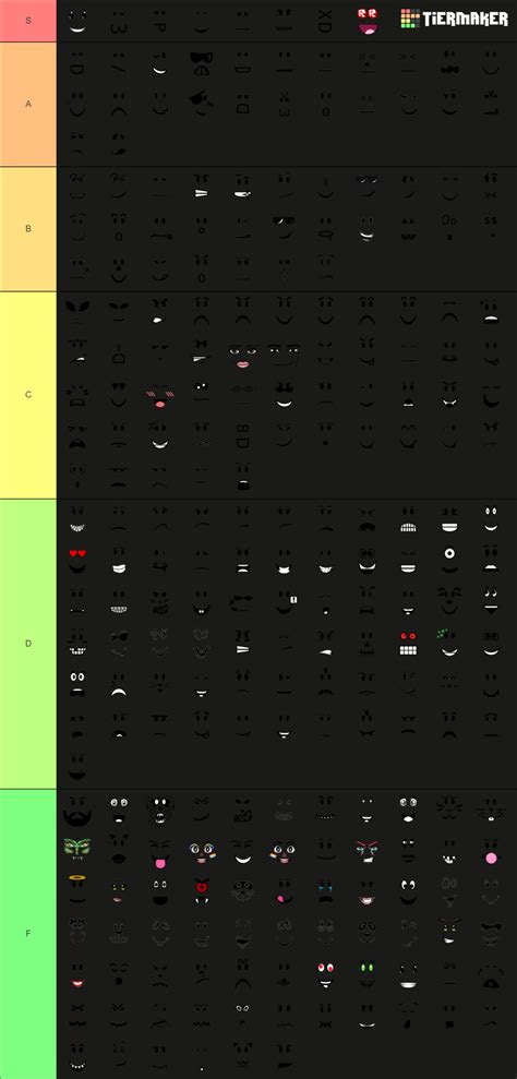 Create a Every roblox face Tier List - TierMaker