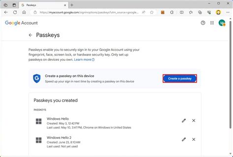 Create a passkey through Windows Hello for a Google account