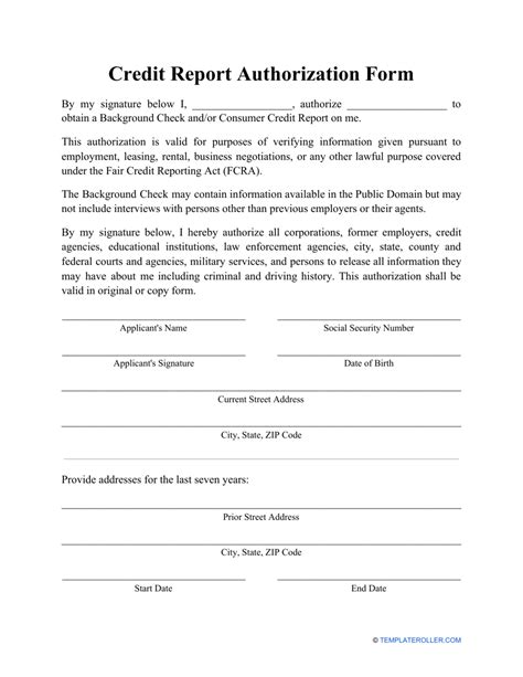 Credit Report Authorization Form Template