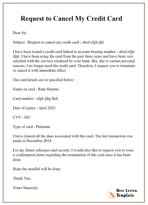 Credit Card Cancellation Letter Template