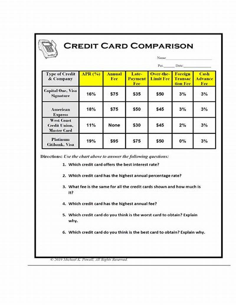 Credit Card Comparison Chart Worksheet Answer Key