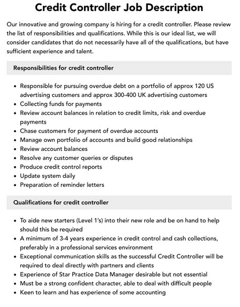 Credit Controller Job Description