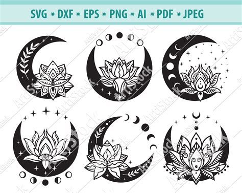 Download Crescent Moon and Lotus Svg / Boho... Commercial Use