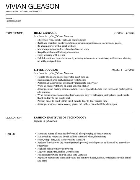 Crew Member Resume Example Arbys Decatur, Indiana