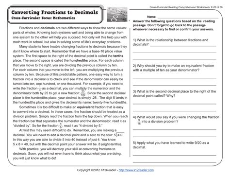 Cross Curricular Reading Comprehension Worksheets