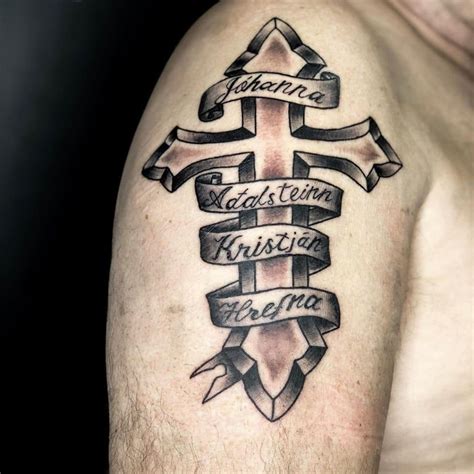 Black and Grey Cross, Banner, and Lettering Tattoo Tatoo