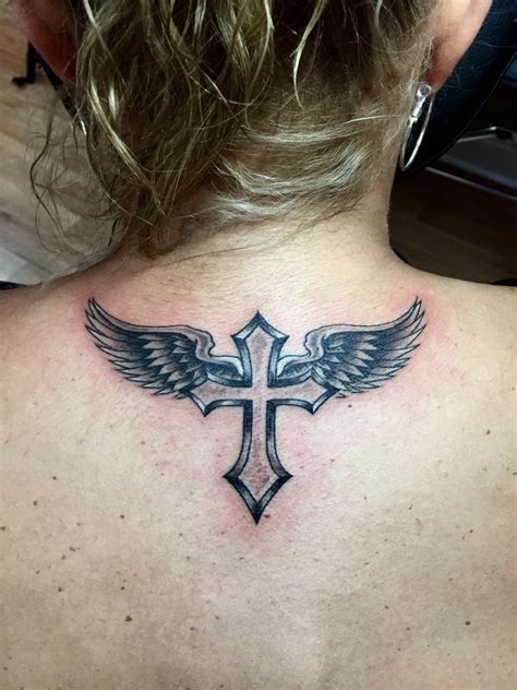 Small Cross With Angel Wings Tattoo For Women ladies cross