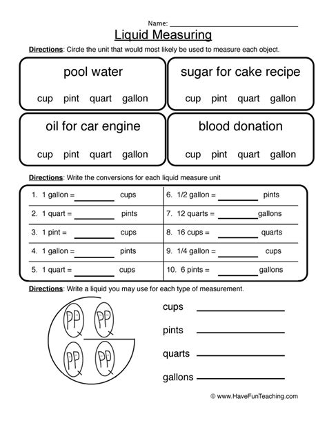 Cups Pints Quarts Gallons Worksheets