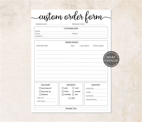 Order Form, Printable order form, Work at Home, PDF FILE, Personalised