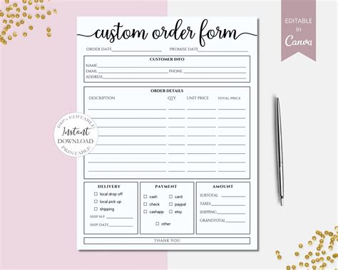Order Form, Printable order form, Work at Home, PDF FILE, Personalised