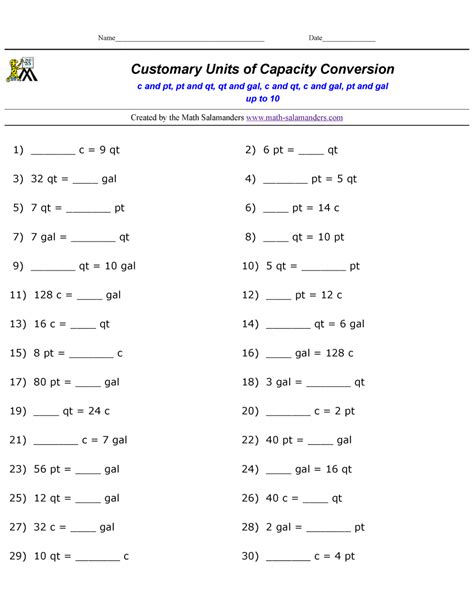 Customary Capacity Worksheets