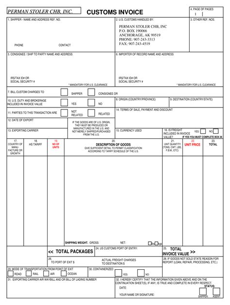 Customs Commercial Invoice Template
