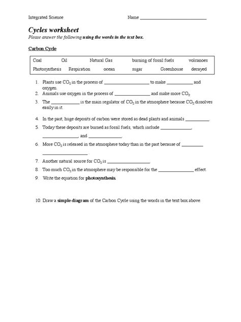 Cycles Worksheet Carbon Cycle Answers