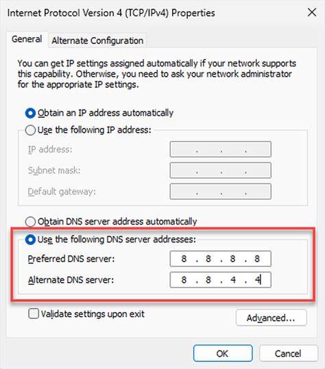 DNS configuration settings