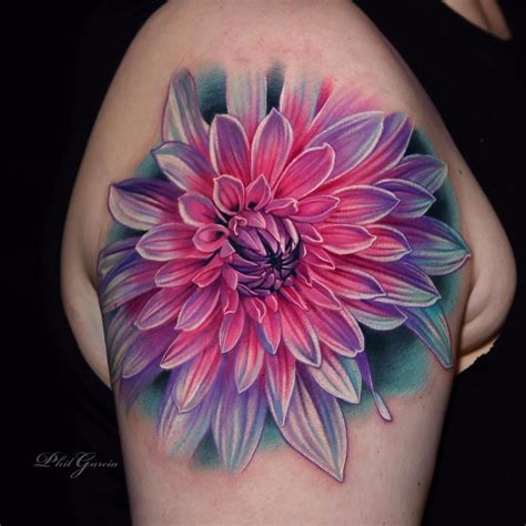 Dahlia tattoo by Seattle, WA artist, Janelle M Evelyn