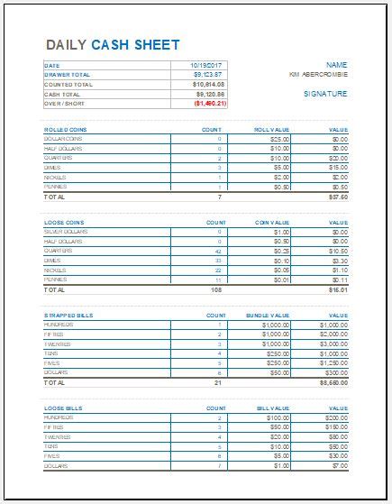 Daily Cash Balance Sheet Template