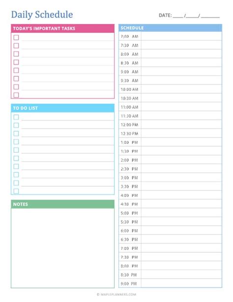 Daily 9Hr Schedule Printable