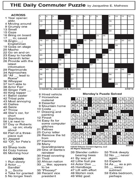 Daily Commuter Crossword Puzzle Answers Printable