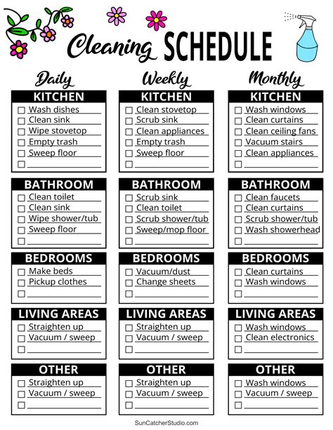 Daily Self Schedule College Life Printable Cleaning