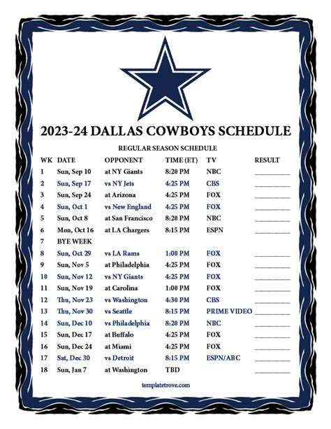 Dallas Cowboys Schedule 2023 To 2024 Printable