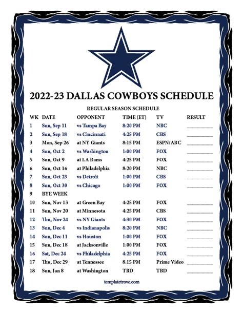 Dallas Cowboys Schedule 2022-23 Printable